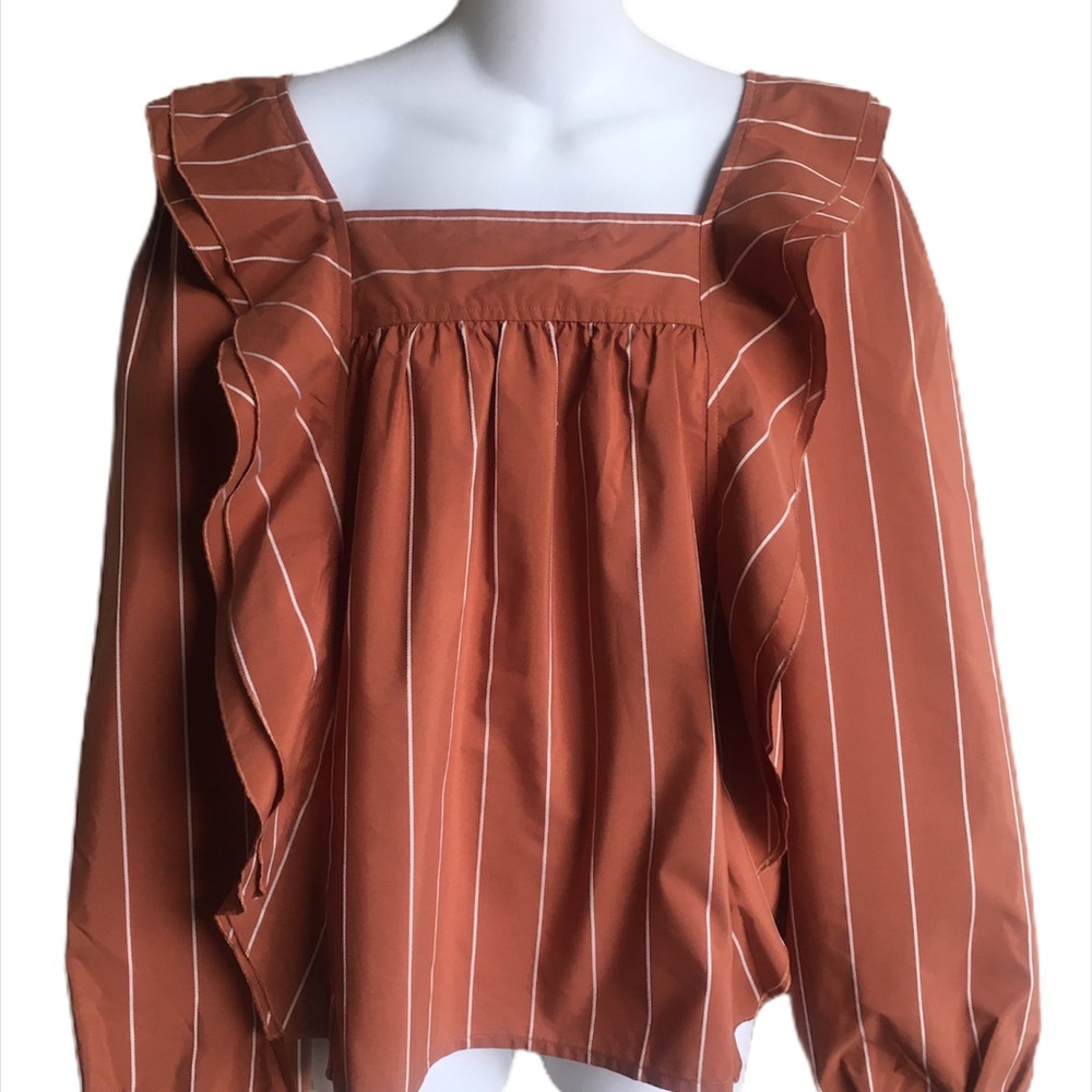 Topshop Striped Brown Cream Ruffle Blouse Top Ladies 6 Tall NWT Square Neck